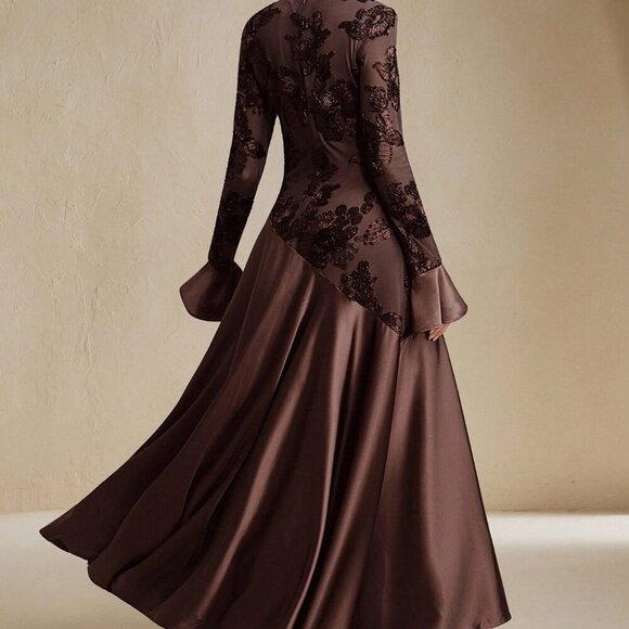 Deep Brown Elegant Women's Floral embroidered bodice with Bell Sleeve Maxi Dress - Picture 2 of 7